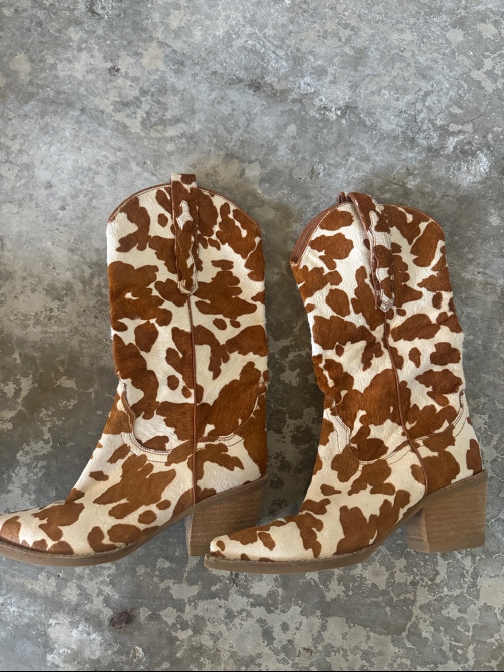 Jeffrey Campbell Brown and White Cow Print Heeled Cowboy Boots